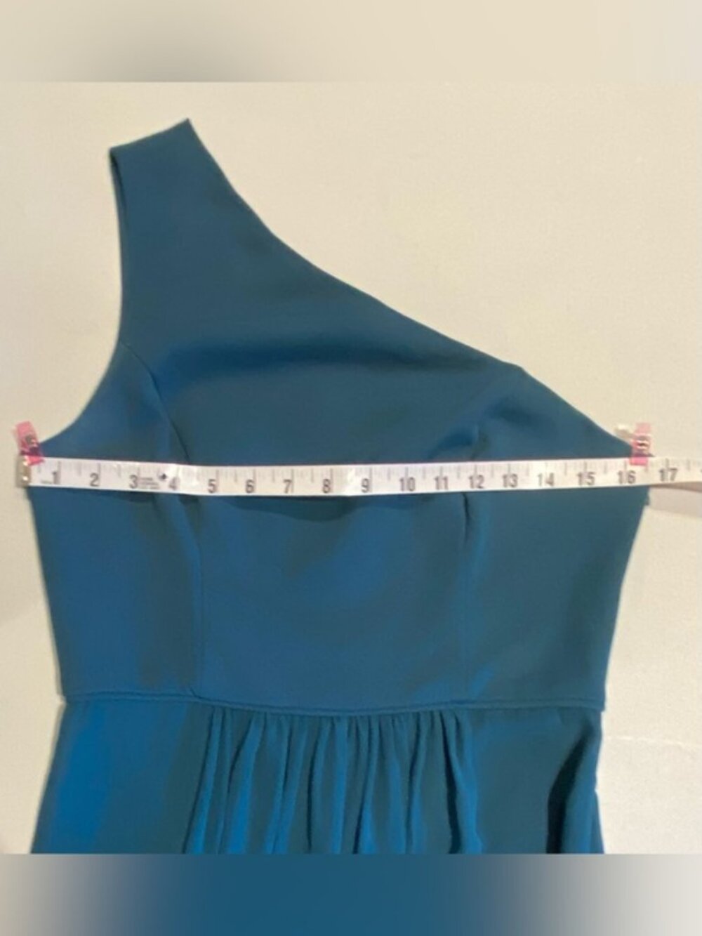 Adrianna Papell Teal One Shoulder Crepe Chiffon Gown (size 6) - Picture 11 of 14